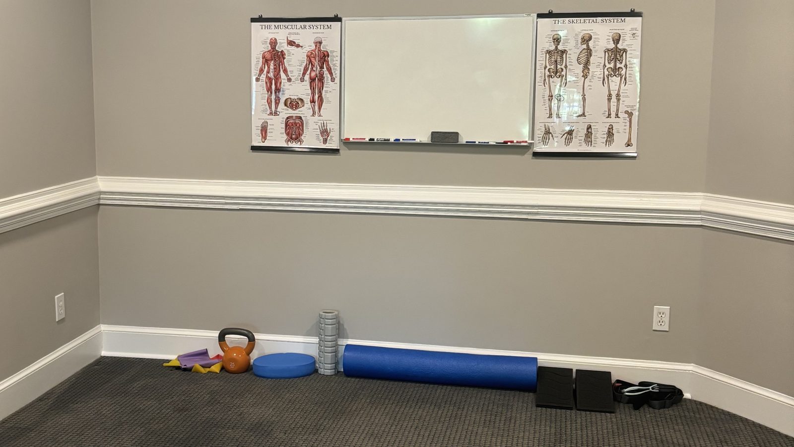 The EPF Wellness Consulting studio in Raleigh, with anatomy charts and a whiteboard above a row of mobility equipment